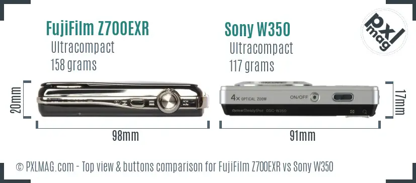 FujiFilm Z700EXR vs Sony W350 top view buttons comparison