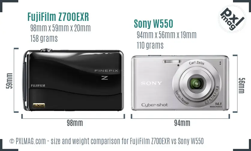 FujiFilm Z700EXR vs Sony W550 size comparison