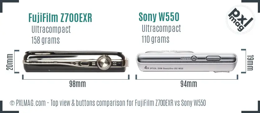 FujiFilm Z700EXR vs Sony W550 top view buttons comparison