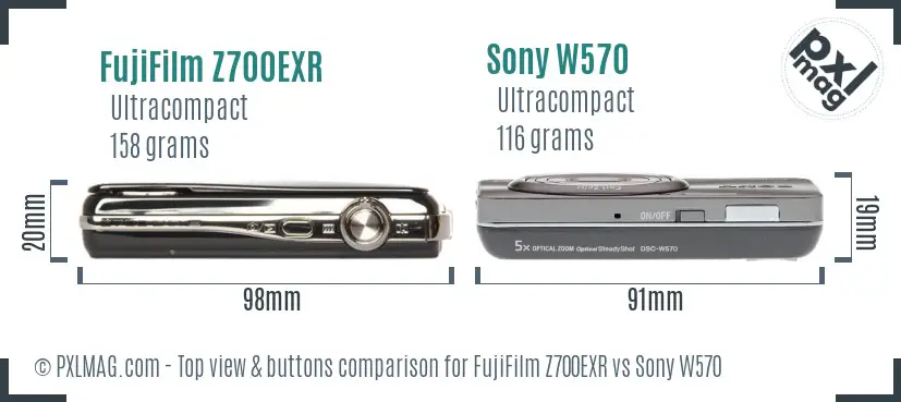 FujiFilm Z700EXR vs Sony W570 top view buttons comparison