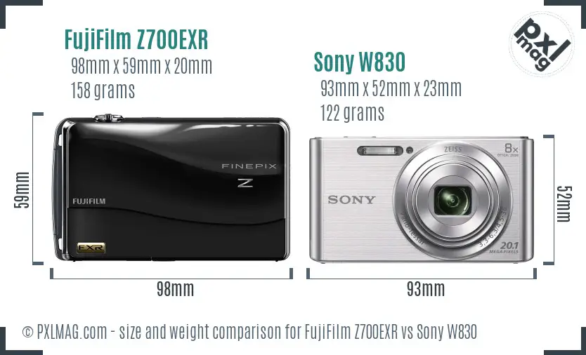 FujiFilm Z700EXR vs Sony W830 size comparison