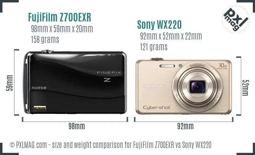 FujiFilm Z700EXR vs Sony WX220 size comparison