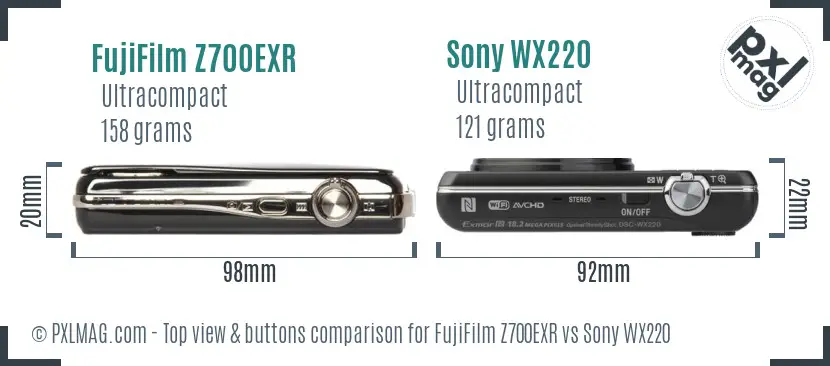 FujiFilm Z700EXR vs Sony WX220 top view buttons comparison