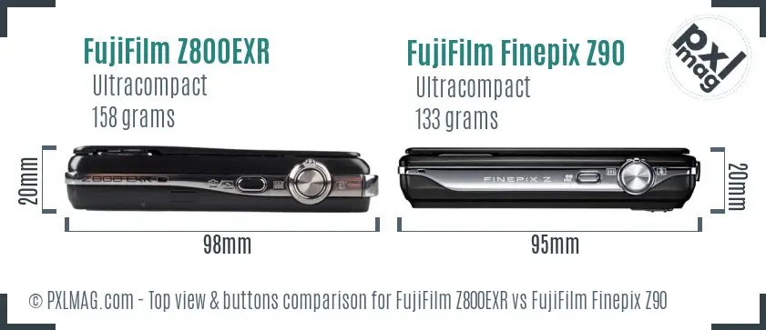 FujiFilm Z800EXR vs FujiFilm Finepix Z90 top view buttons comparison FujiFilm Z800EXR vs FujiFilm Finepix Z90 top view buttons comparison