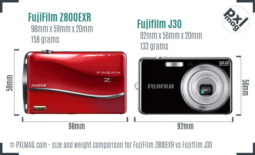 FujiFilm Z800EXR vs Fujifilm J30 size comparison