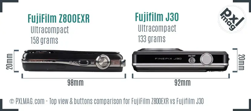 FujiFilm Z800EXR vs Fujifilm J30 top view buttons comparison