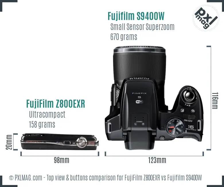 FujiFilm Z800EXR vs Fujifilm S9400W top view buttons comparison