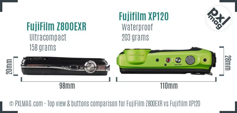 FujiFilm Z800EXR vs Fujifilm XP120 top view buttons comparison