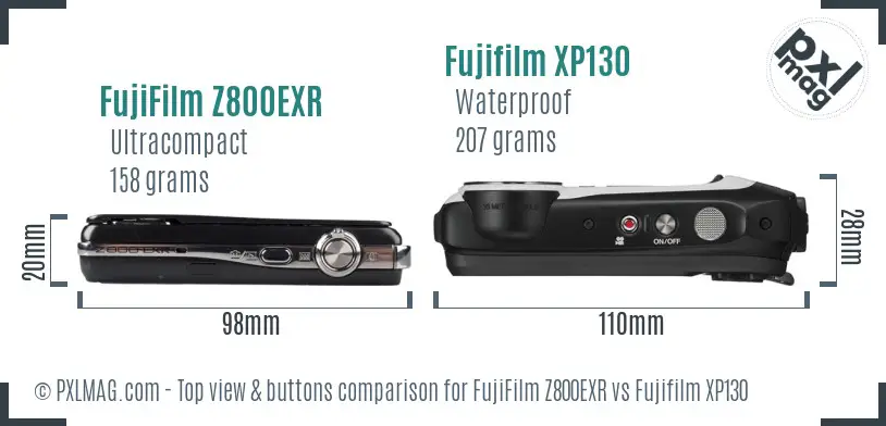 FujiFilm Z800EXR vs Fujifilm XP130 top view buttons comparison FujiFilm Z800EXR vs Fujifilm XP130 top view buttons comparison