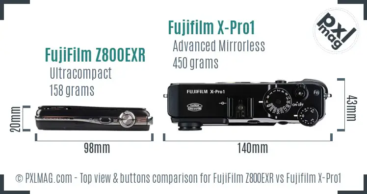 FujiFilm Z800EXR vs Fujifilm X-Pro1 top view buttons comparison