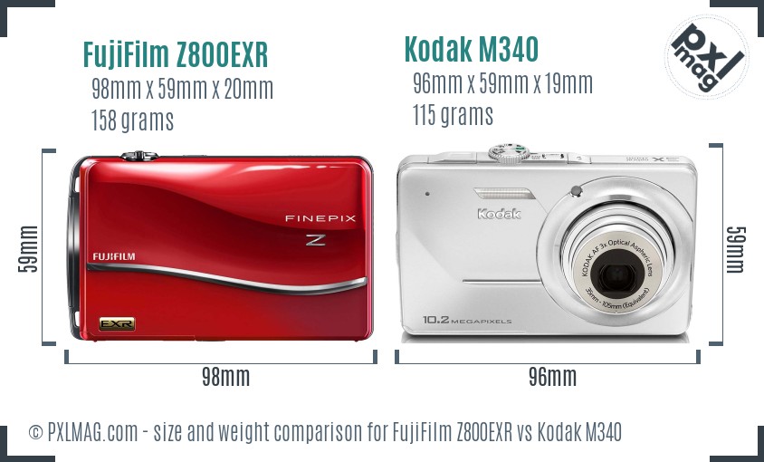FujiFilm Z800EXR vs Kodak M340 size comparison