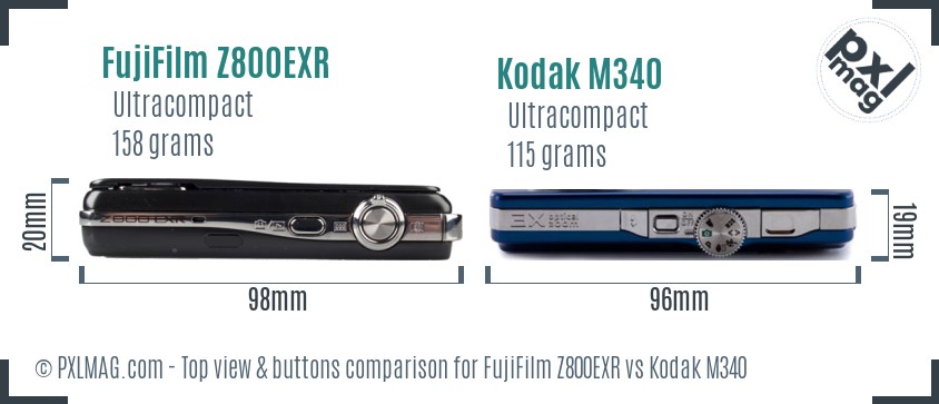 FujiFilm Z800EXR vs Kodak M340 top view buttons comparison