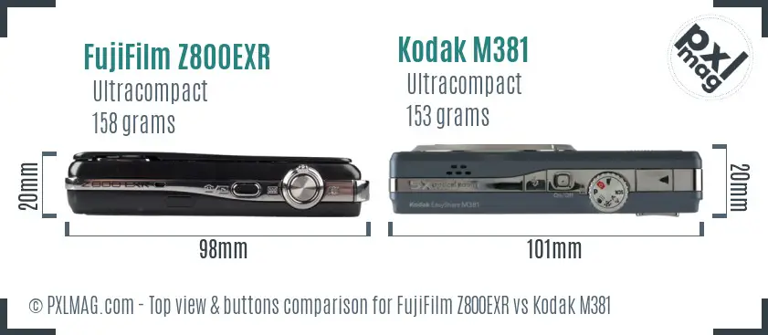 FujiFilm Z800EXR vs Kodak M381 top view buttons comparison FujiFilm Z800EXR vs Kodak M381 top view buttons comparison