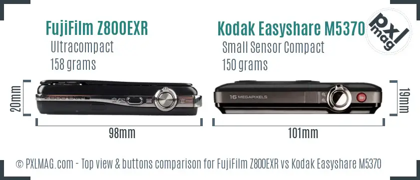 FujiFilm Z800EXR vs Kodak Easyshare M5370 top view buttons comparison