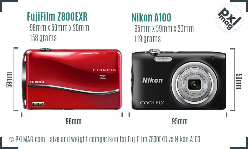 FujiFilm Z800EXR vs Nikon A100 size comparison FujiFilm Z800EXR vs Nikon A100 size comparison