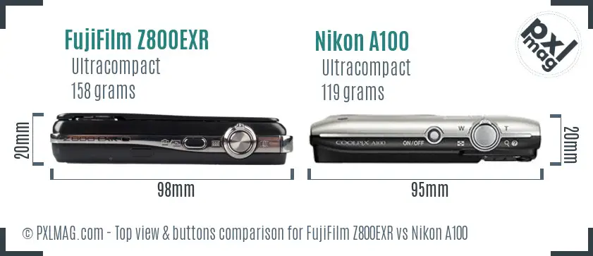 FujiFilm Z800EXR vs Nikon A100 top view buttons comparison