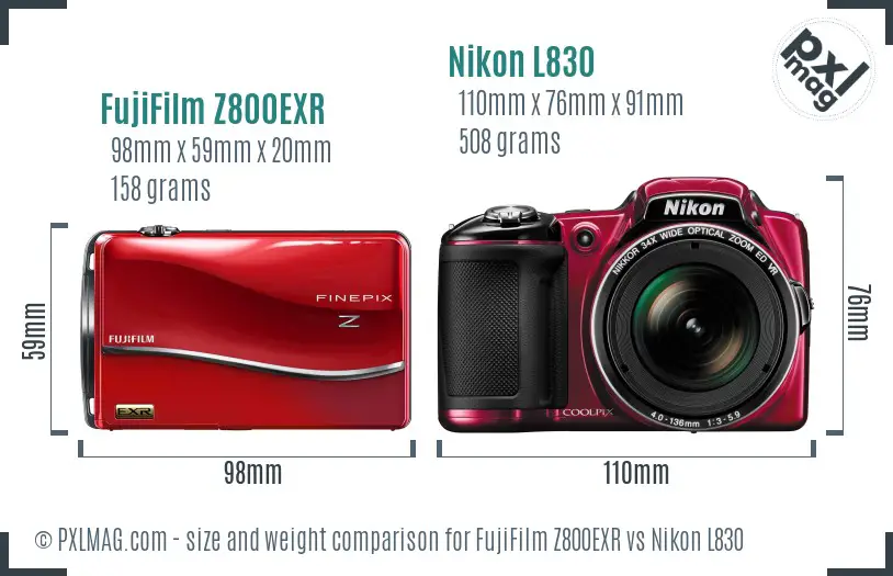 FujiFilm Z800EXR vs Nikon L830 size comparison