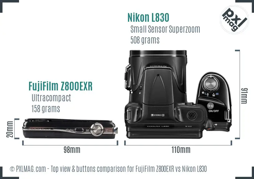 FujiFilm Z800EXR vs Nikon L830 top view buttons comparison