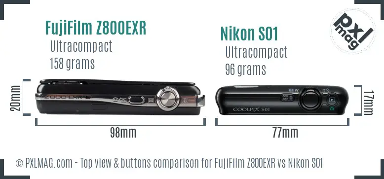 FujiFilm Z800EXR vs Nikon S01 top view buttons comparison