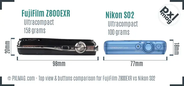 FujiFilm Z800EXR vs Nikon S02 top view buttons comparison FujiFilm Z800EXR vs Nikon S02 top view buttons comparison