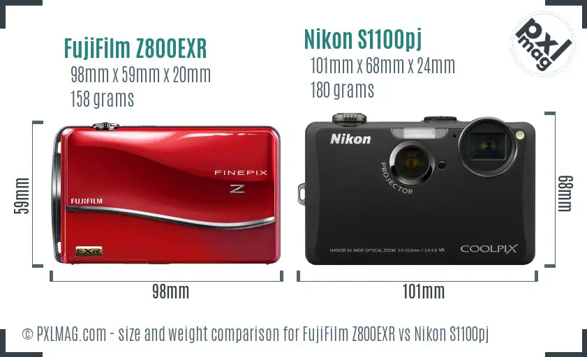 FujiFilm Z800EXR vs Nikon S1100pj size comparison