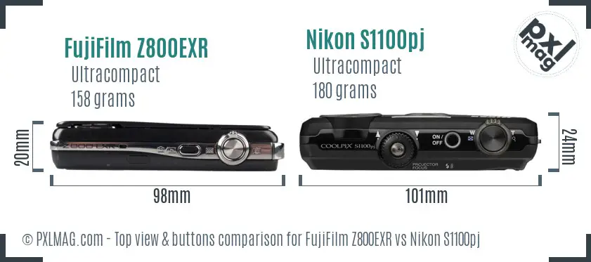 FujiFilm Z800EXR vs Nikon S1100pj top view buttons comparison