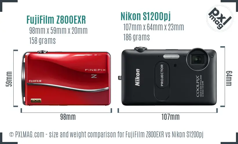 FujiFilm Z800EXR vs Nikon S1200pj size comparison