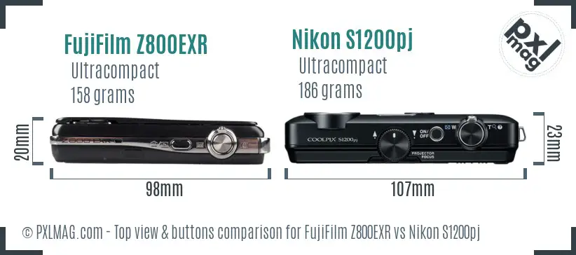 FujiFilm Z800EXR vs Nikon S1200pj top view buttons comparison