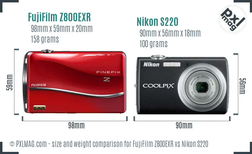 FujiFilm Z800EXR vs Nikon S220 size comparison FujiFilm Z800EXR vs Nikon S220 size comparison