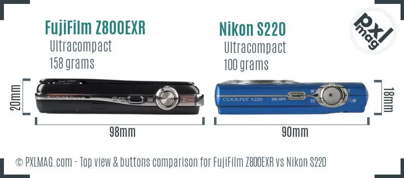 FujiFilm Z800EXR vs Nikon S220 top view buttons comparison FujiFilm Z800EXR vs Nikon S220 top view buttons comparison