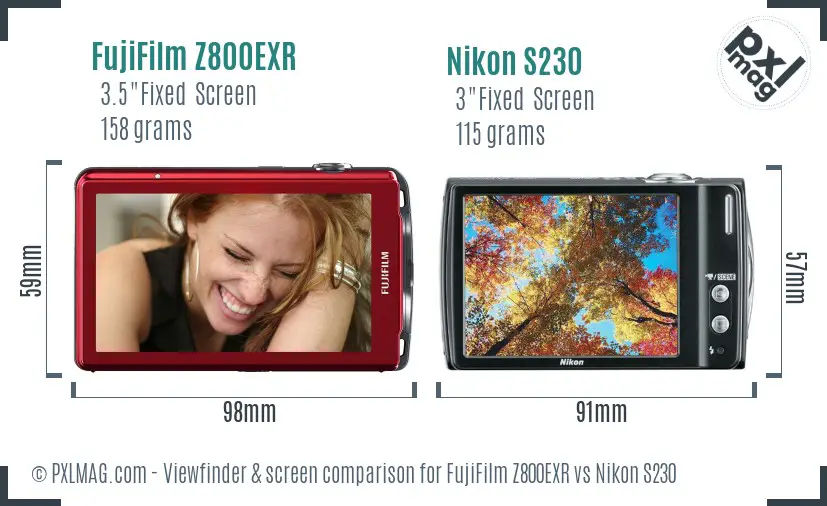 FujiFilm Z800EXR vs Nikon S230 Screen and Viewfinder comparison