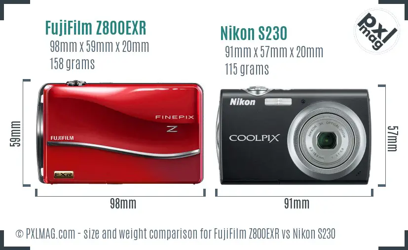 FujiFilm Z800EXR vs Nikon S230 size comparison