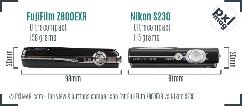 FujiFilm Z800EXR vs Nikon S230 top view buttons comparison