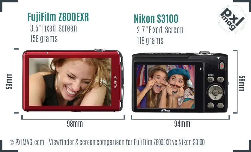 FujiFilm Z800EXR vs Nikon S3100 Screen and Viewfinder comparison