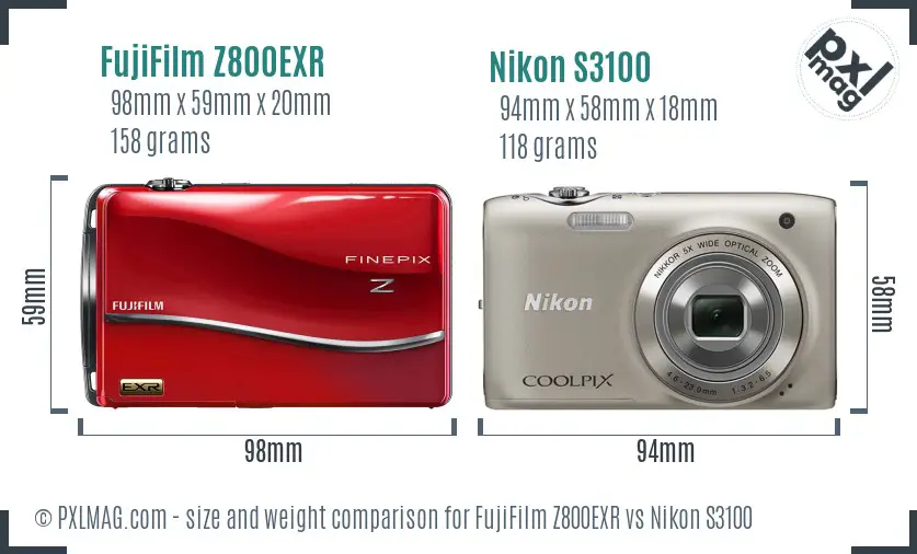 FujiFilm Z800EXR vs Nikon S3100 size comparison