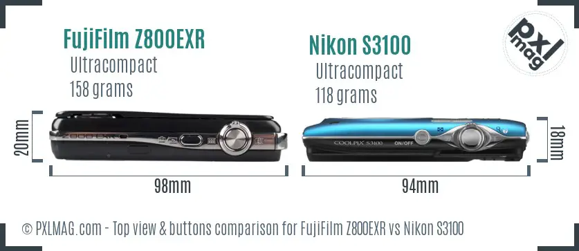 FujiFilm Z800EXR vs Nikon S3100 top view buttons comparison