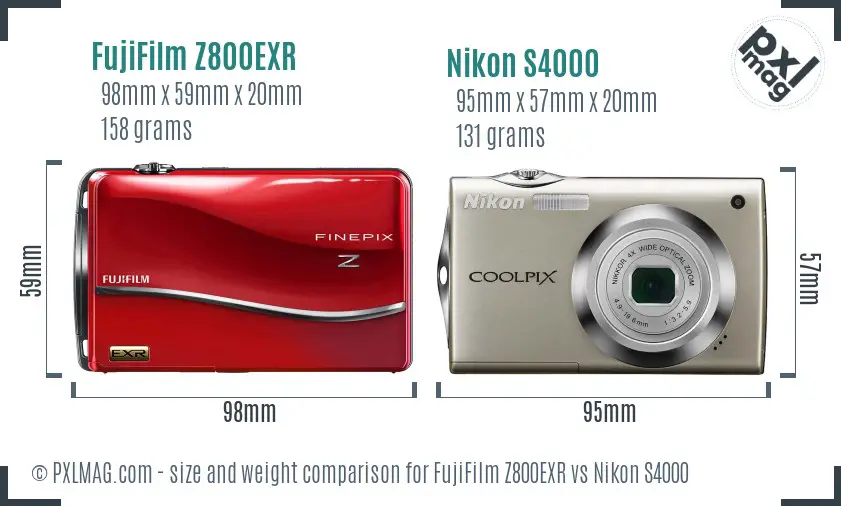 FujiFilm Z800EXR vs Nikon S4000 size comparison