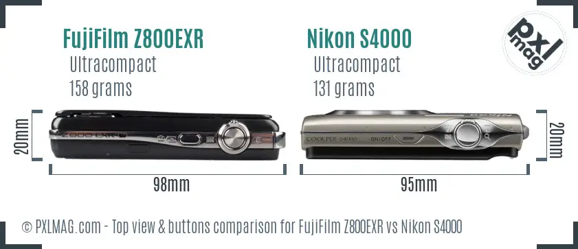 FujiFilm Z800EXR vs Nikon S4000 top view buttons comparison
