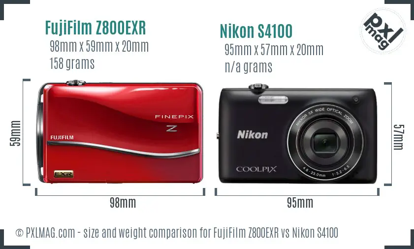 FujiFilm Z800EXR vs Nikon S4100 size comparison