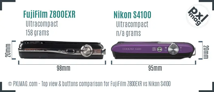 FujiFilm Z800EXR vs Nikon S4100 top view buttons comparison
