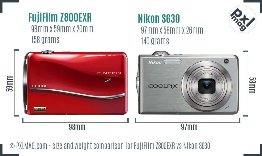 FujiFilm Z800EXR vs Nikon S630 size comparison