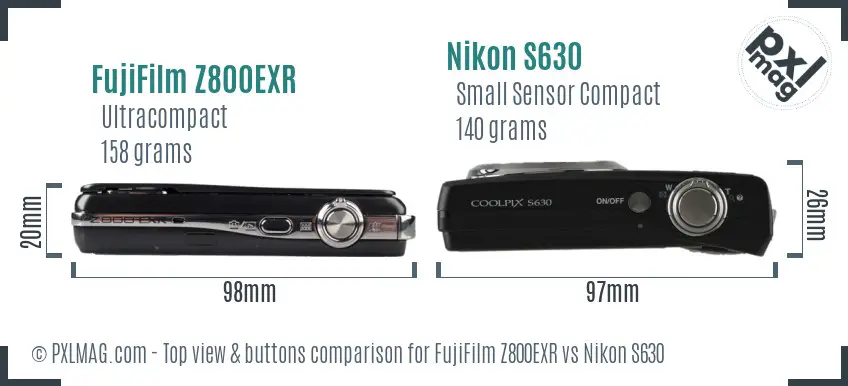 FujiFilm Z800EXR vs Nikon S630 top view buttons comparison