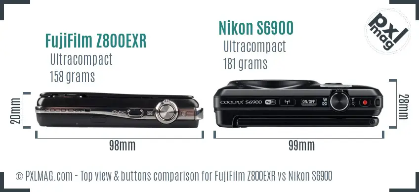 FujiFilm Z800EXR vs Nikon S6900 top view buttons comparison