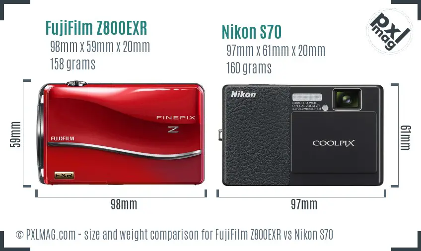 FujiFilm Z800EXR vs Nikon S70 size comparison