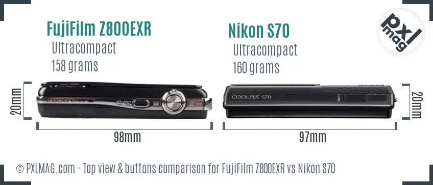 FujiFilm Z800EXR vs Nikon S70 top view buttons comparison