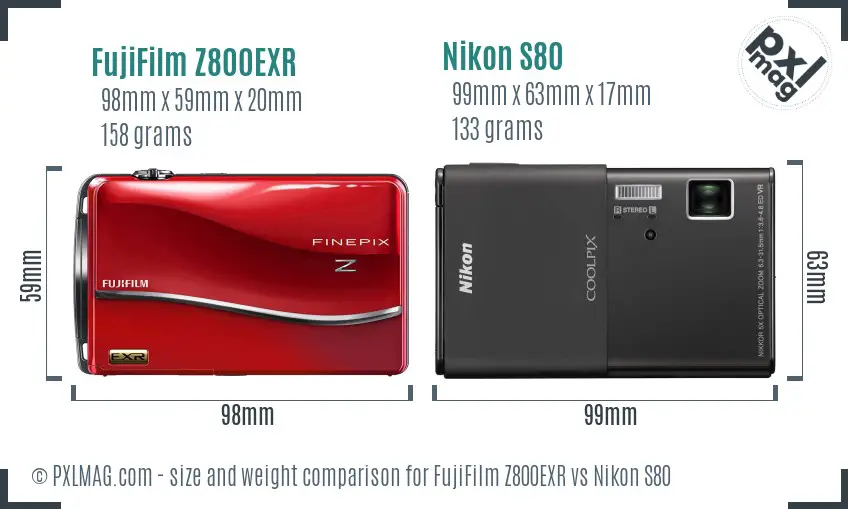 FujiFilm Z800EXR vs Nikon S80 size comparison