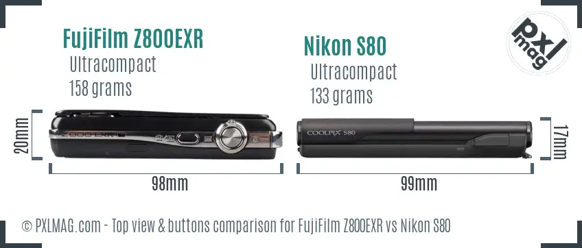 FujiFilm Z800EXR vs Nikon S80 top view buttons comparison