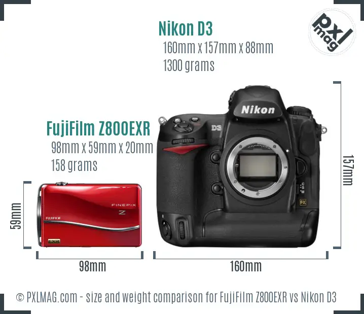 FujiFilm Z800EXR vs Nikon D3 size comparison
