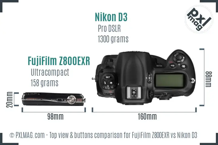 FujiFilm Z800EXR vs Nikon D3 top view buttons comparison