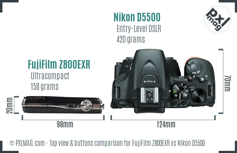 FujiFilm Z800EXR vs Nikon D5500 top view buttons comparison